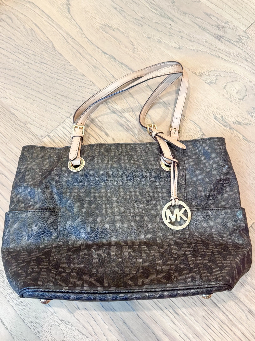 Michael Kors Dark Brown MK Signature Tote with Gold Hardware